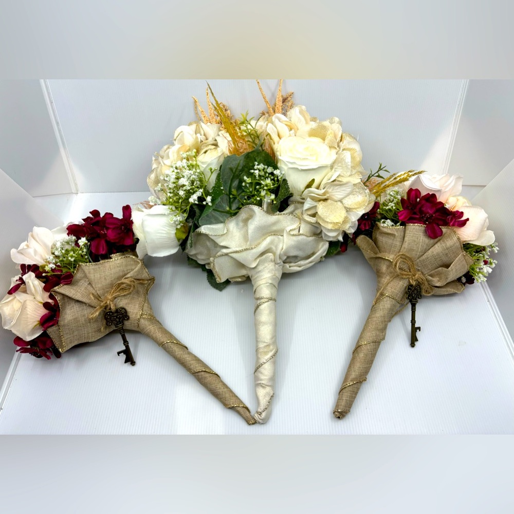 Artificial Wedding Bouquet Set Bride, 2 Bridesmaids Rustic, Wheat, Red, Roses